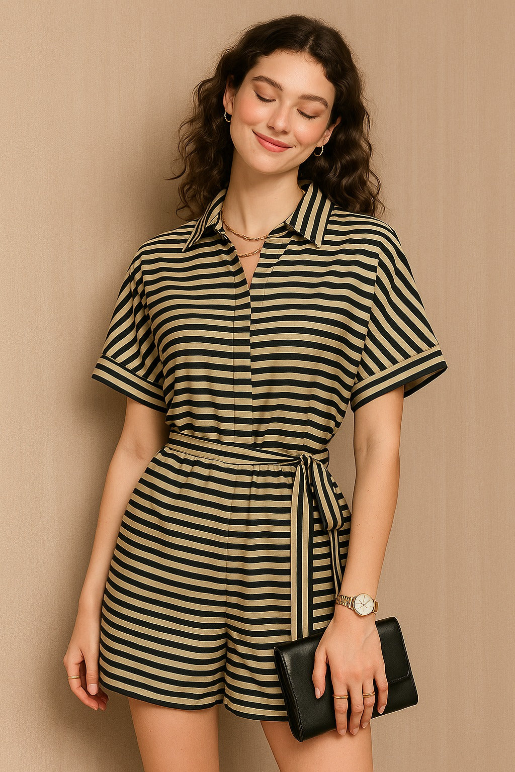 Striped Belted Collared Romper in Black & Beige
