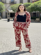 Black Leaf Print Collared Jacket and Trouser Set