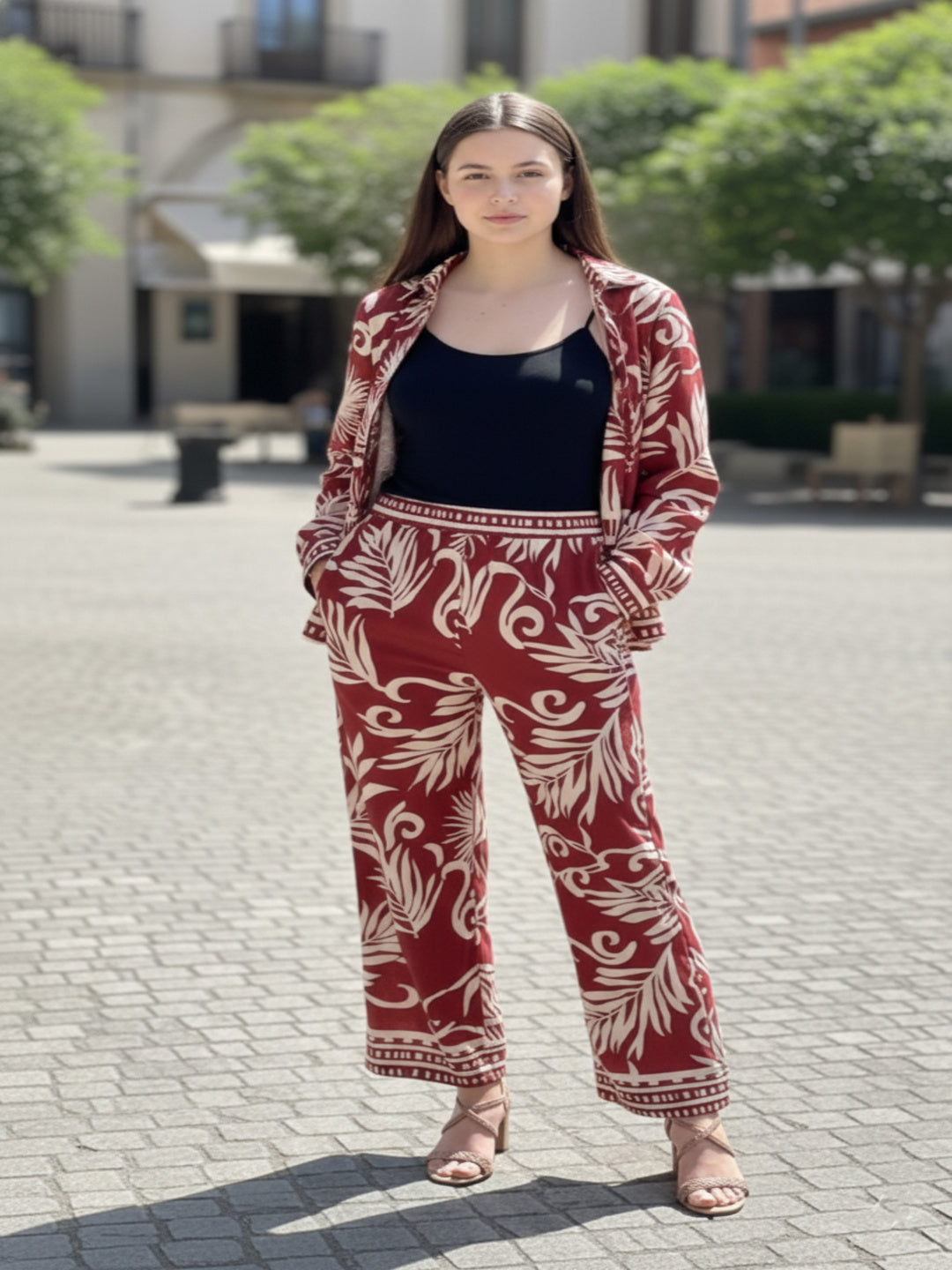 Black Leaf Print Collared Jacket and Trouser Set