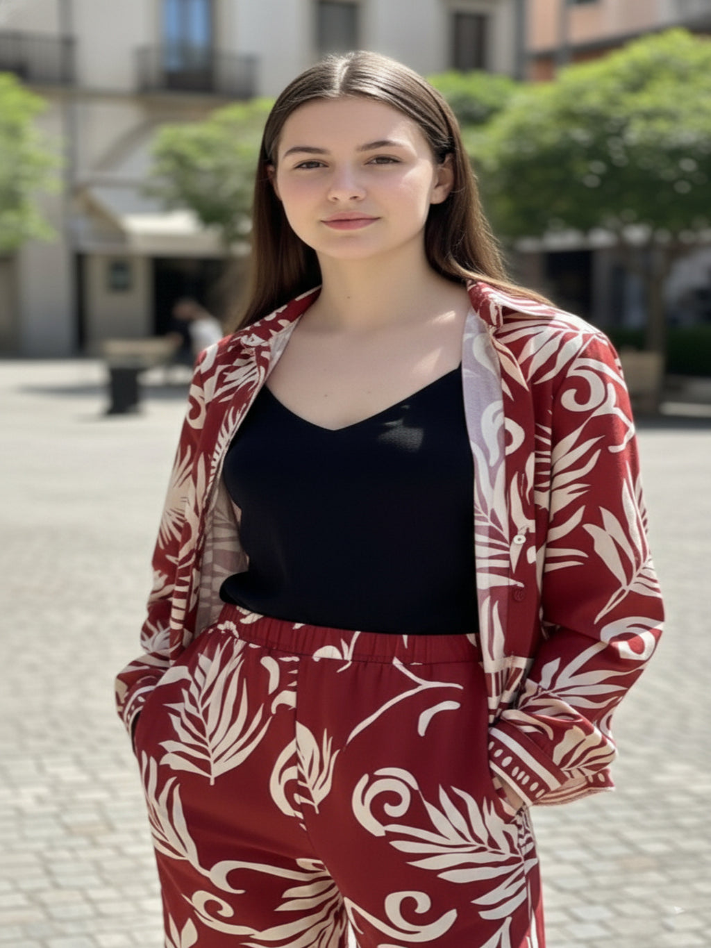 Black Leaf Print Collared Jacket and Trouser Set