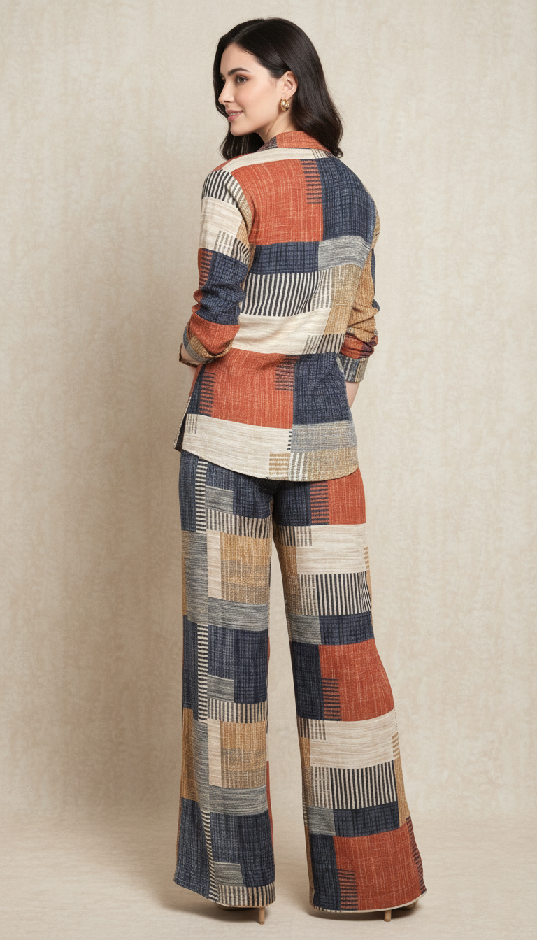 Retro Geo Print Knit Shirt & Pant Set