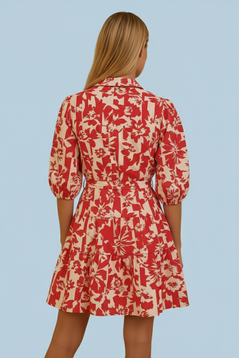 Floral Print V-Neck Belted Mini Dress