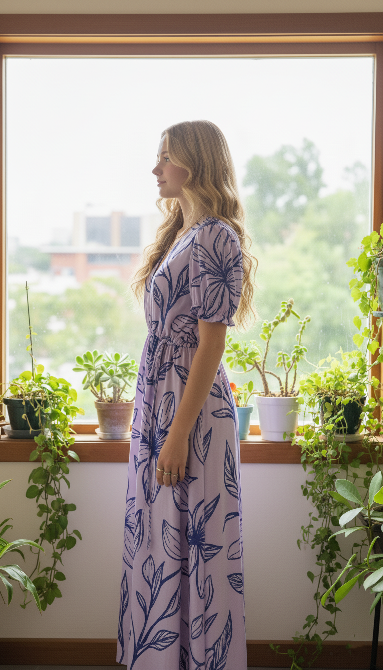 Boho-Chic Lilac Floral Print Wrap-Style Midi Dress