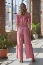 Effortless Chic Off-Shoulder Crop Top & Tiered Palazzo Pant Set