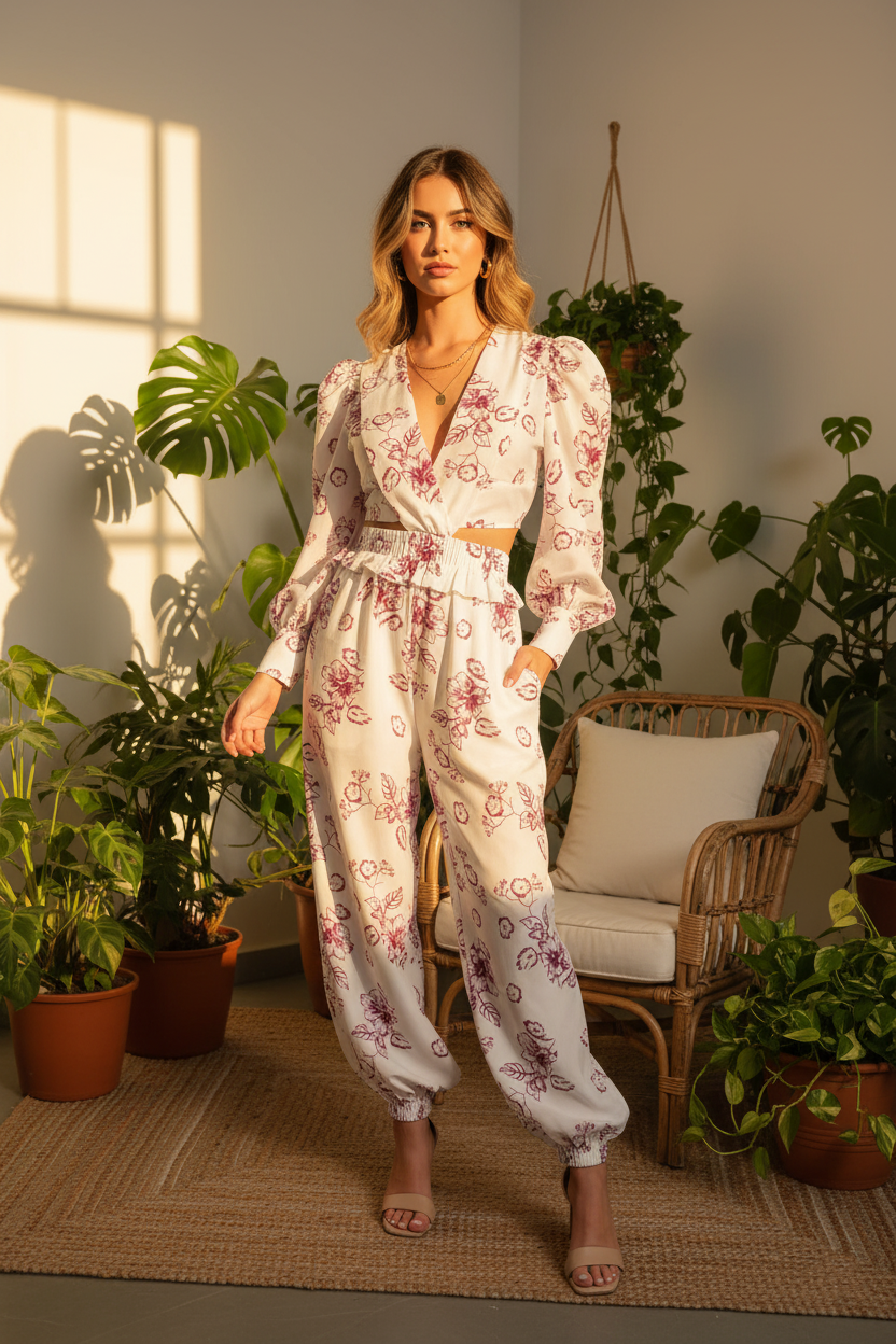 Floral Harmony Co-ord Set with Puff Sleeves