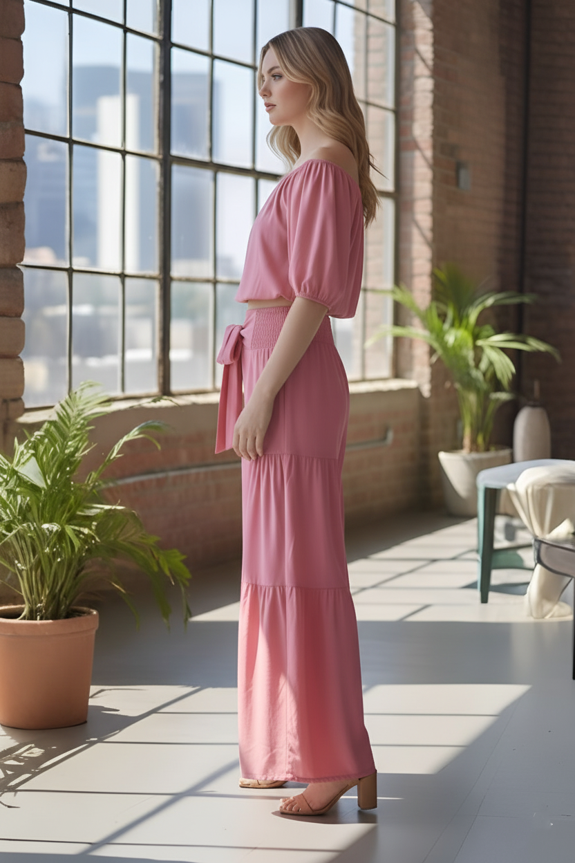 Effortless Chic Off-Shoulder Crop Top & Tiered Palazzo Pant Set