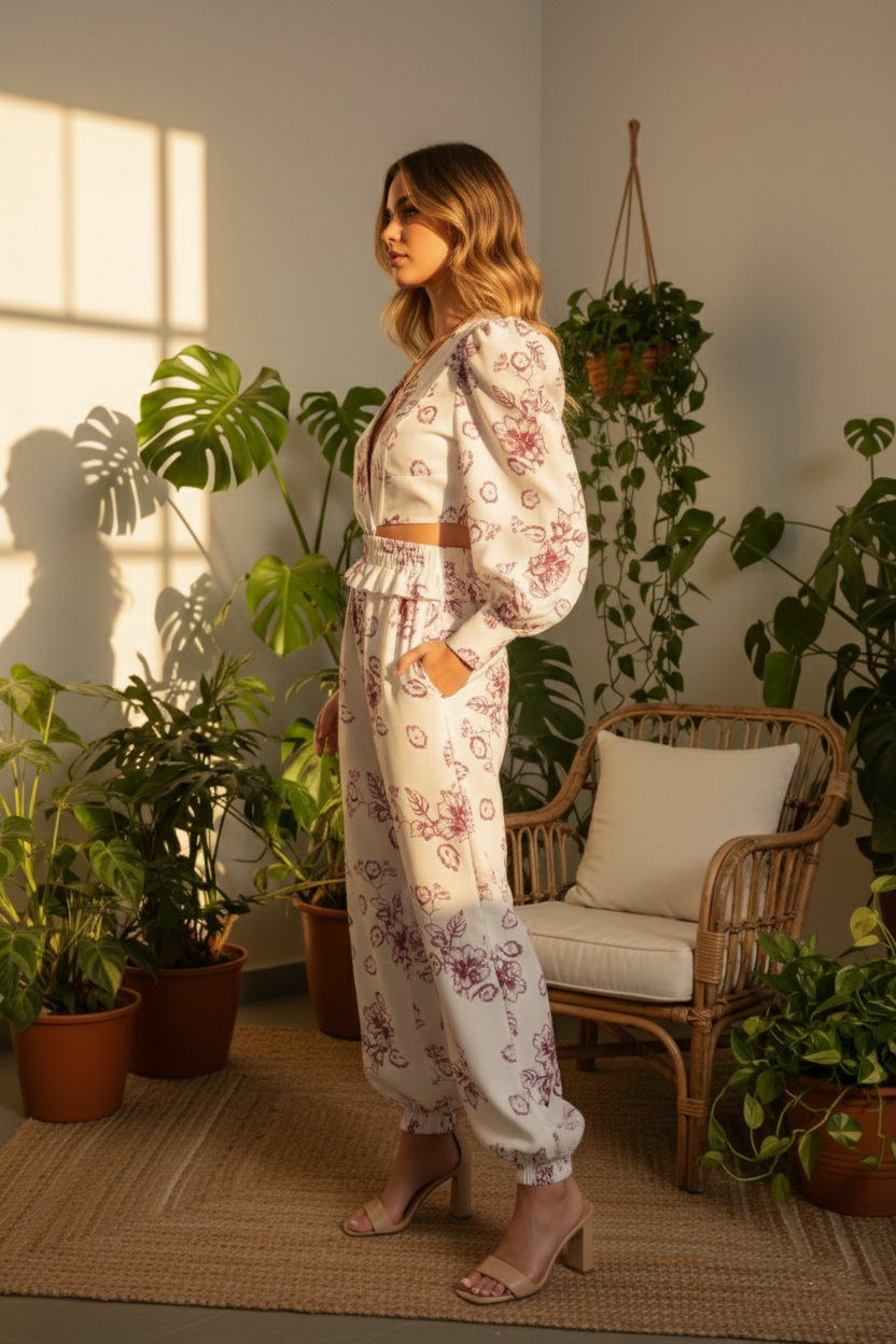 Floral Harmony Co-ord Set with Puff Sleeves