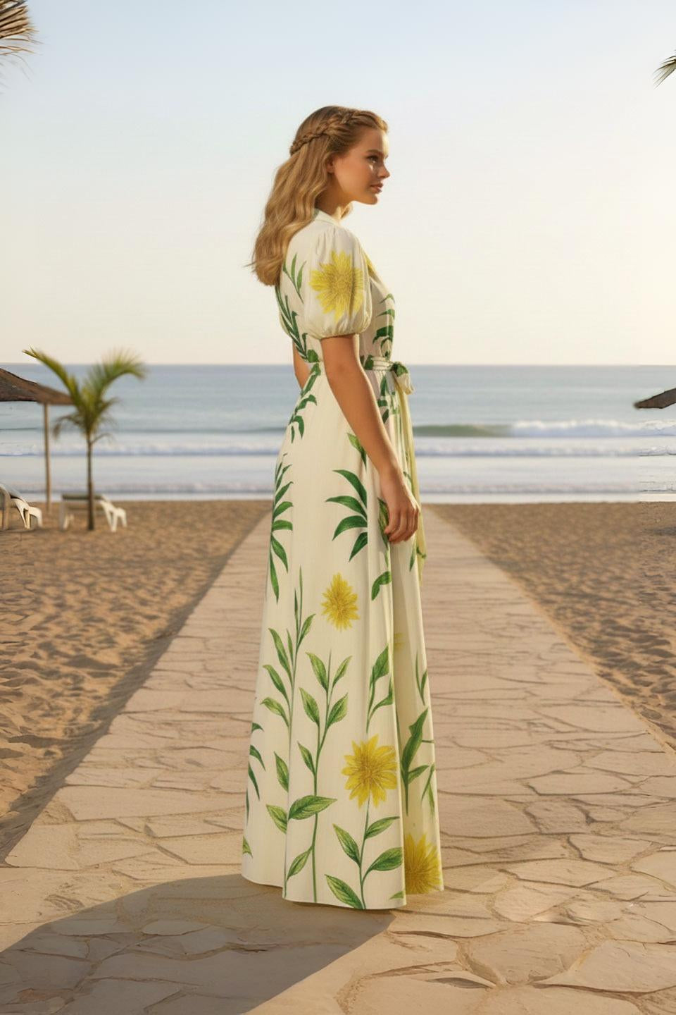 Tropical Leaf Print Co-ord Set with Wrap Top and Wide-Leg Pants