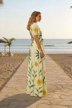 Tropical Leaf Print Co-ord Set with Wrap Top and Wide-Leg Pants