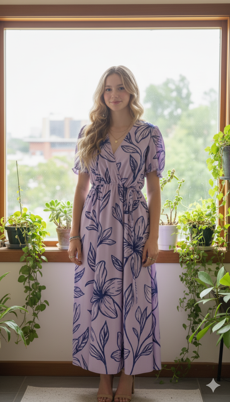 Boho-Chic Lilac Floral Print Wrap-Style Midi Dress