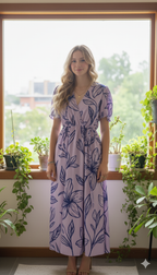 Boho-Chic Lilac Floral Print Wrap-Style Midi Dress