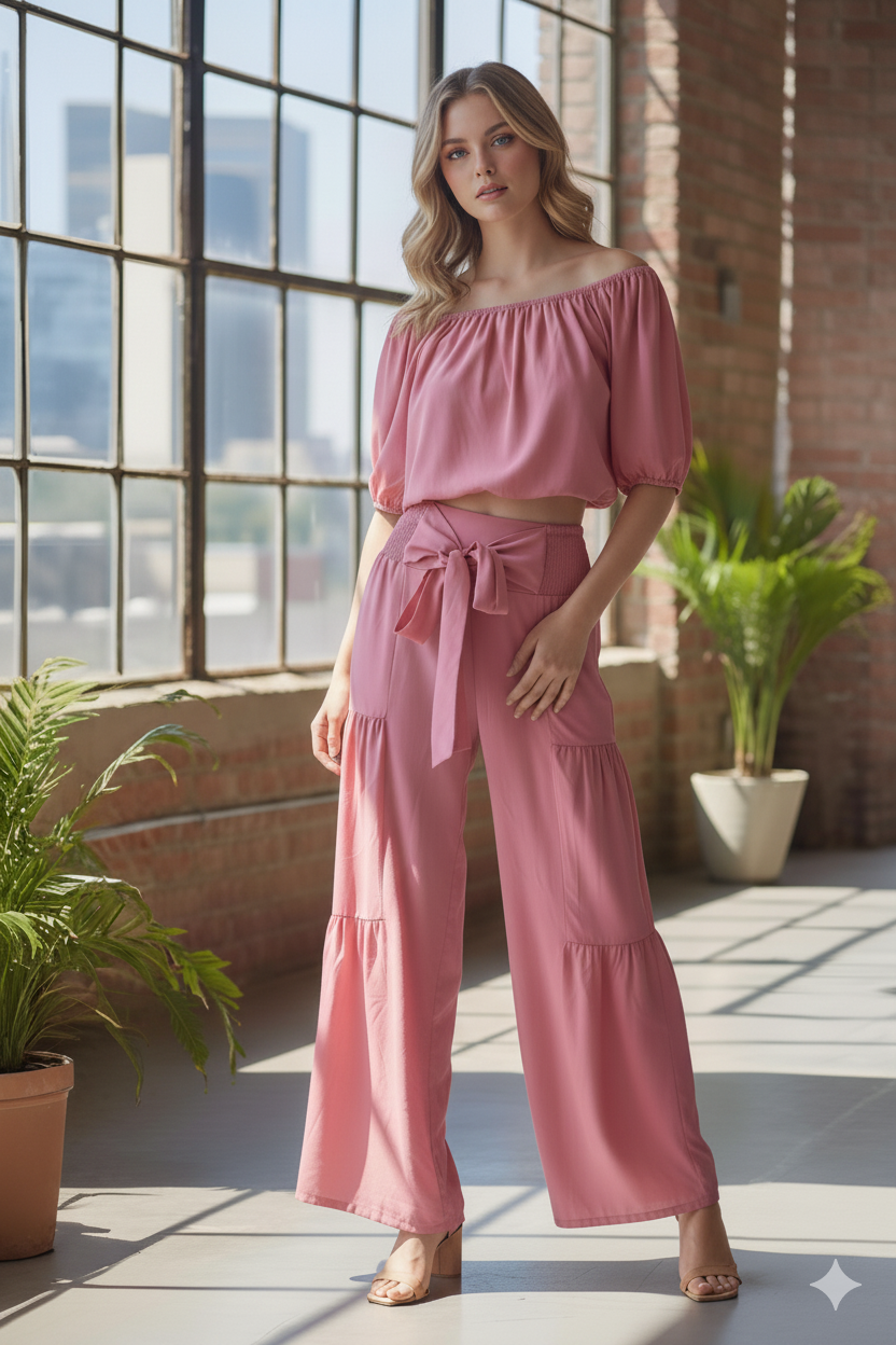 Effortless Chic Off-Shoulder Crop Top & Tiered Palazzo Pant Set