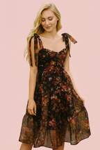 Floral Tiered Midi Dress with Tie Shoulder Straps