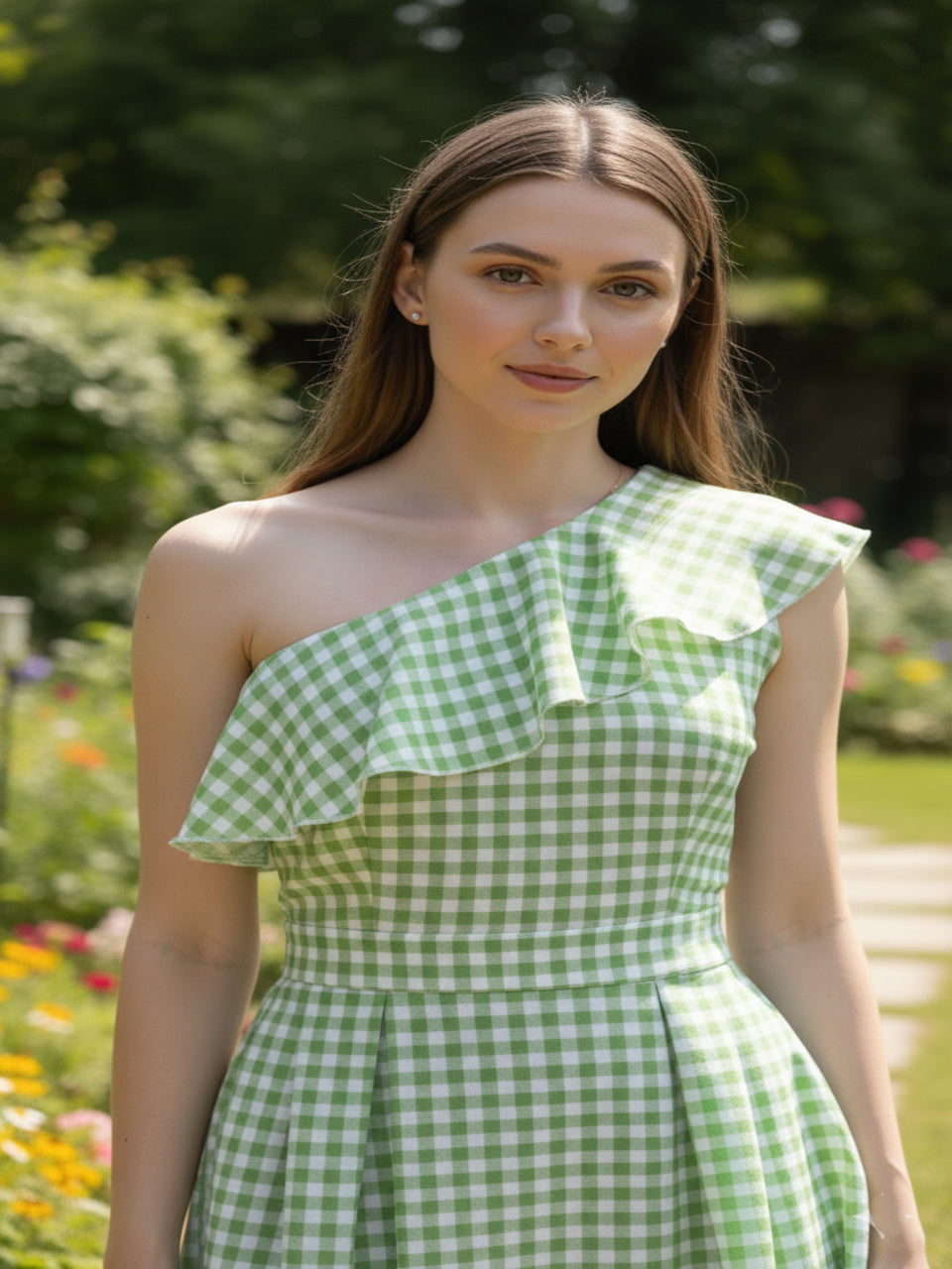 Gingham One-Shoulder Ruffle Mini Dress