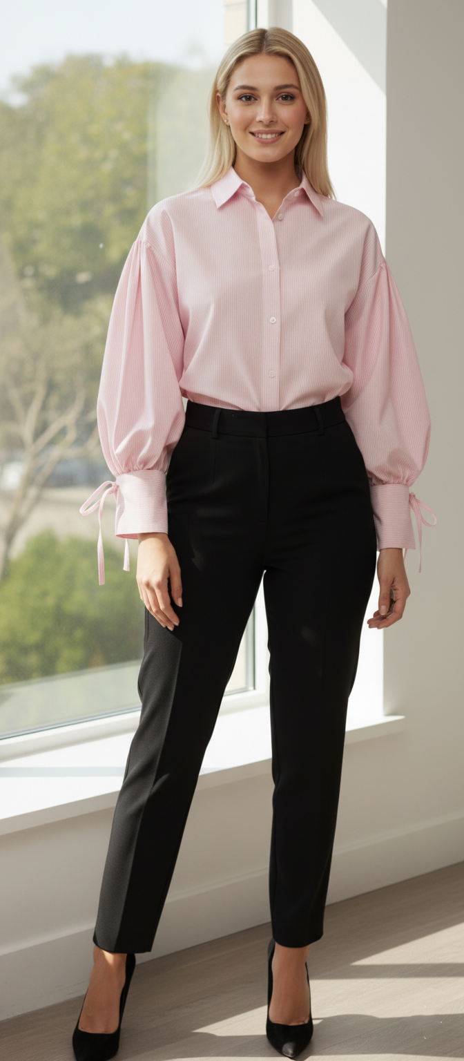 Striped Balloon-Sleeve Shirt