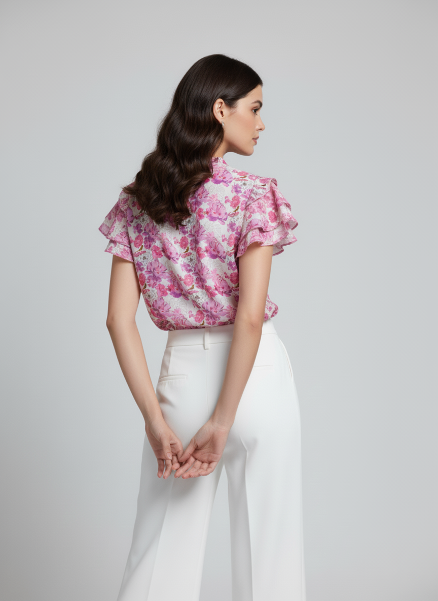 Floral Print Ruffle Sleeve Tie-Up Top