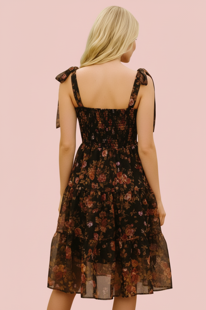 Floral Tiered Midi Dress with Tie Shoulder Straps