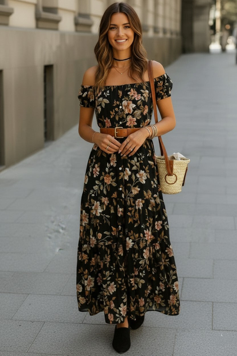 Floral Off-Shoulder Tiered Maxi Dress with Waist Tie