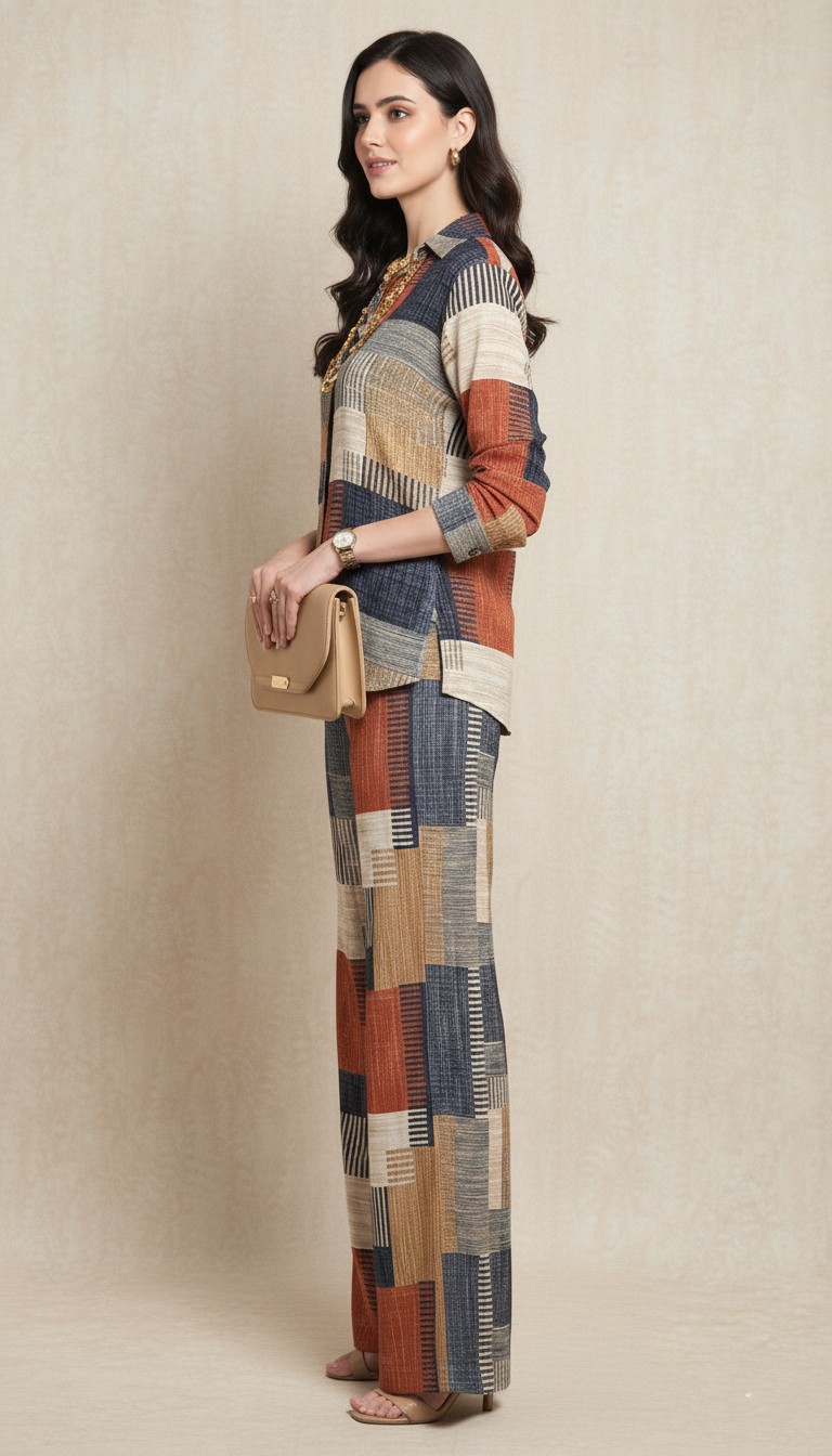 Retro Geo Print Knit Shirt & Pant Set