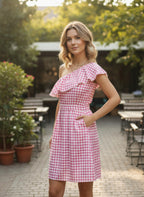 Gingham One-Shoulder Ruffle Mini Dress
