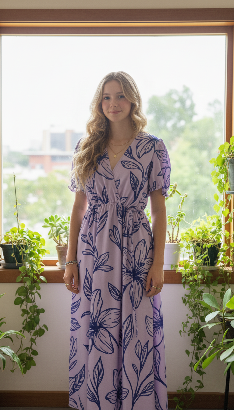 Boho-Chic Lilac Floral Print Wrap-Style Midi Dress