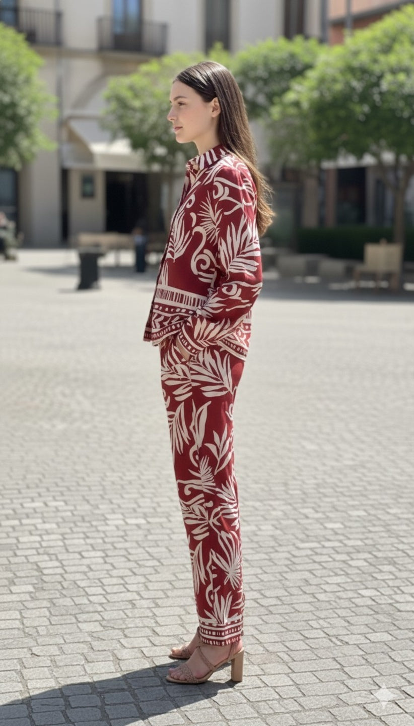 Black Leaf Print Collared Jacket and Trouser Set