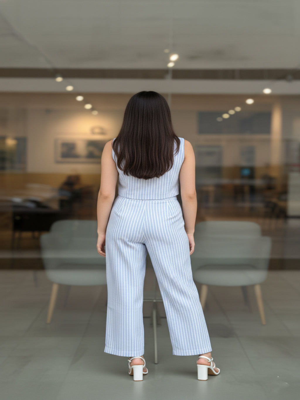 Sky Blue Striped V Neck Sleeveless Cord Set