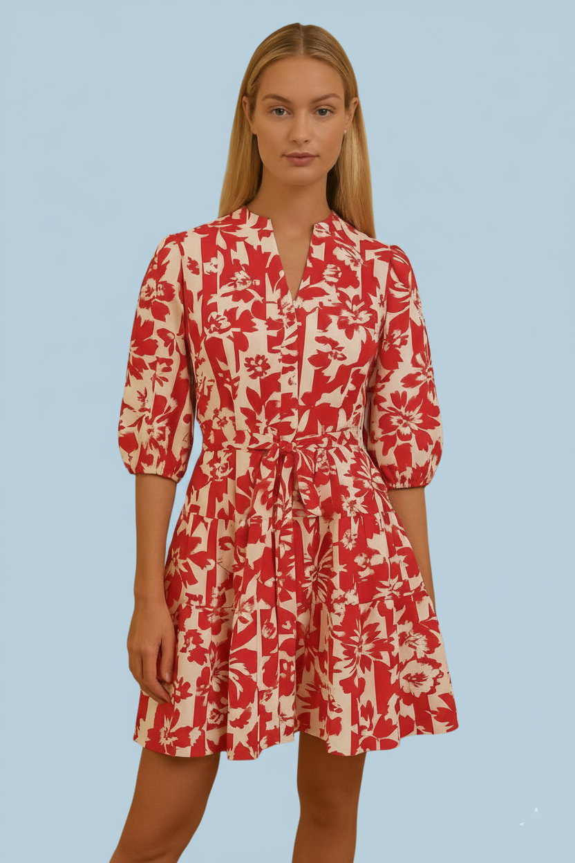 Floral Print V-Neck Belted Mini Dress