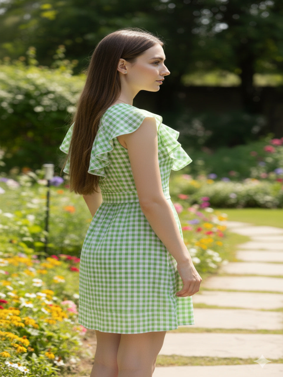 Gingham One-Shoulder Ruffle Mini Dress