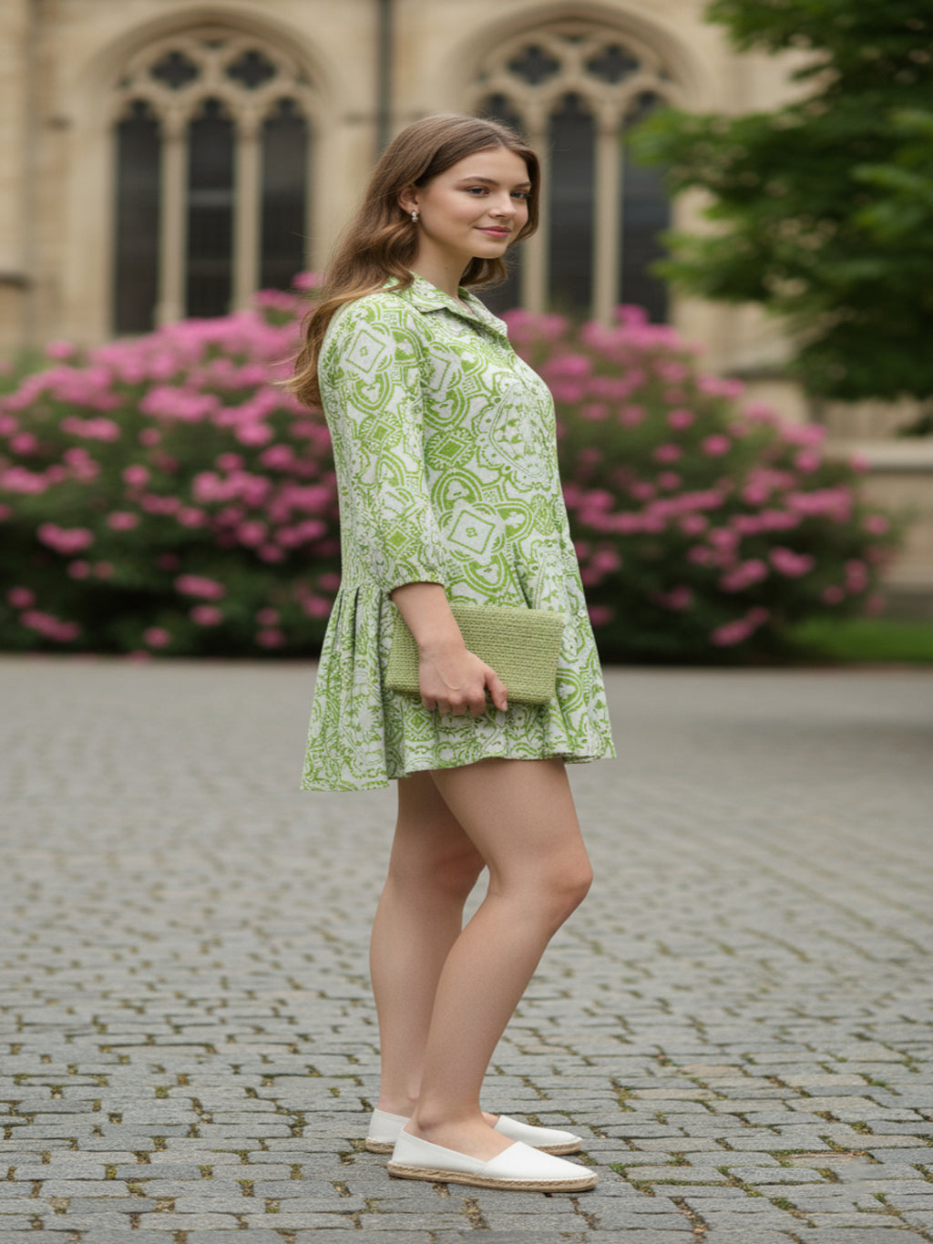 Mandala Print Flared Tunic with Three-Quarter Sleeves