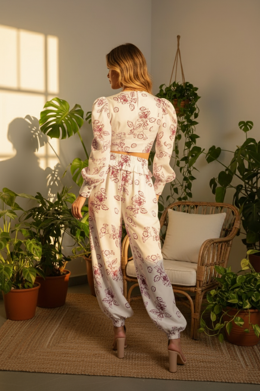 Floral Harmony Co-ord Set with Puff Sleeves