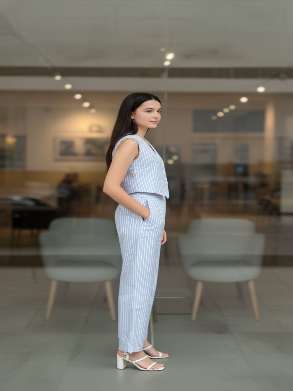 Sky Blue Striped V Neck Sleeveless Cord Set