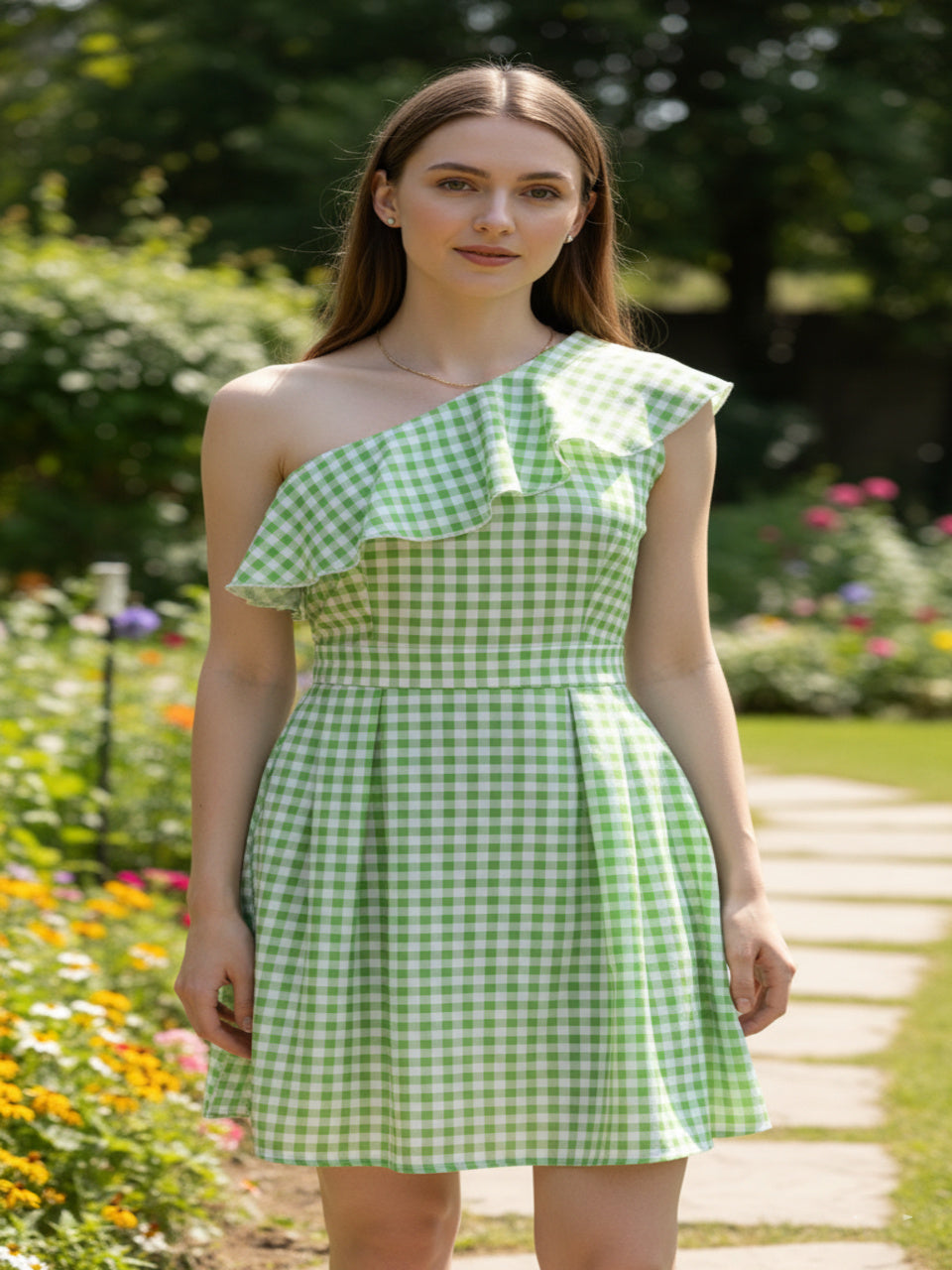 Gingham One-Shoulder Ruffle Mini Dress