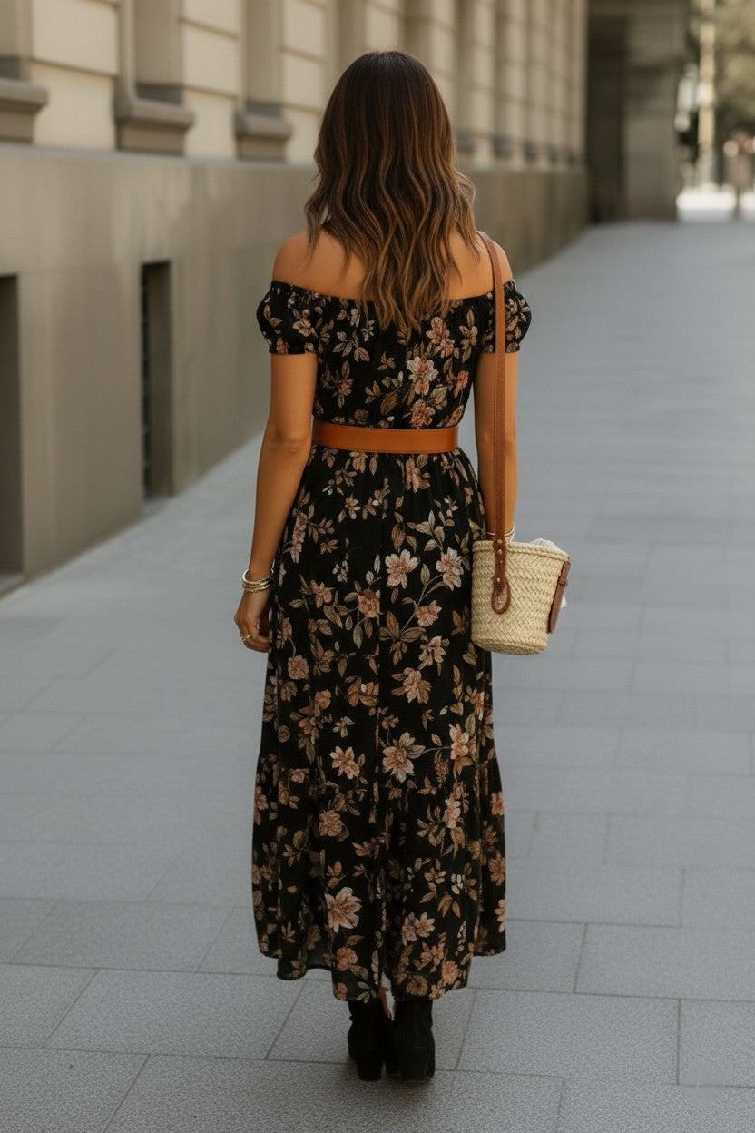 Floral Off-Shoulder Tiered Maxi Dress with Waist Tie