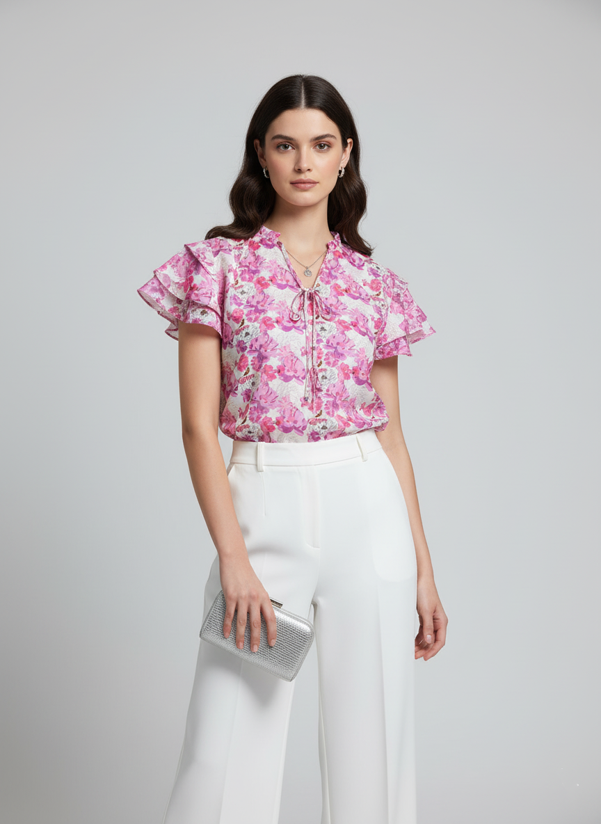 Floral Print Ruffle Sleeve Tie-Up Top