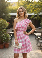Gingham One-Shoulder Ruffle Mini Dress