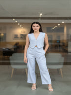 Sky Blue Striped V Neck Sleeveless Cord Set