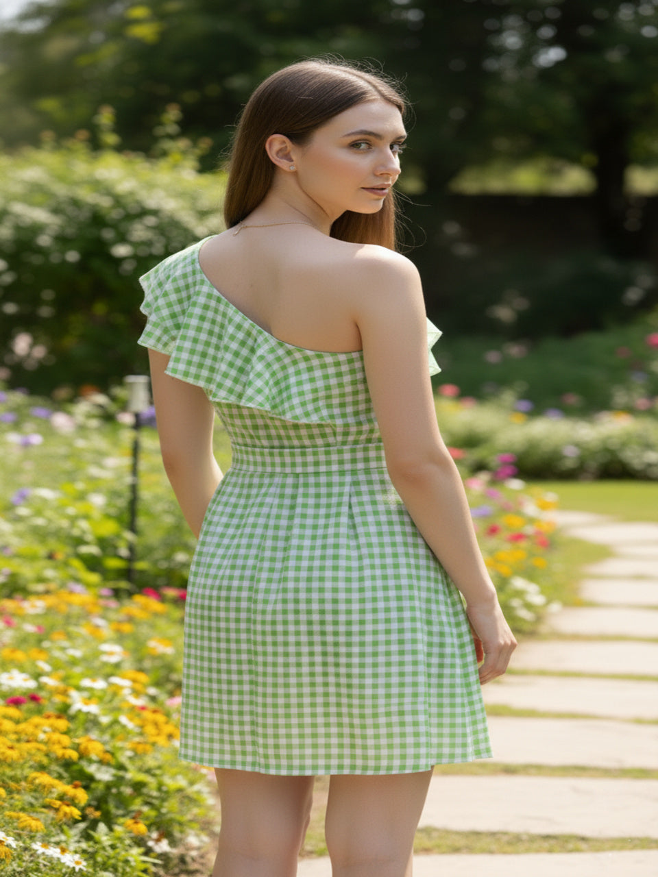 Gingham One-Shoulder Ruffle Mini Dress