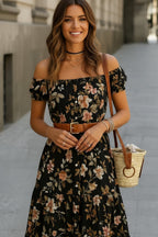 Floral Off-Shoulder Tiered Maxi Dress with Waist Tie