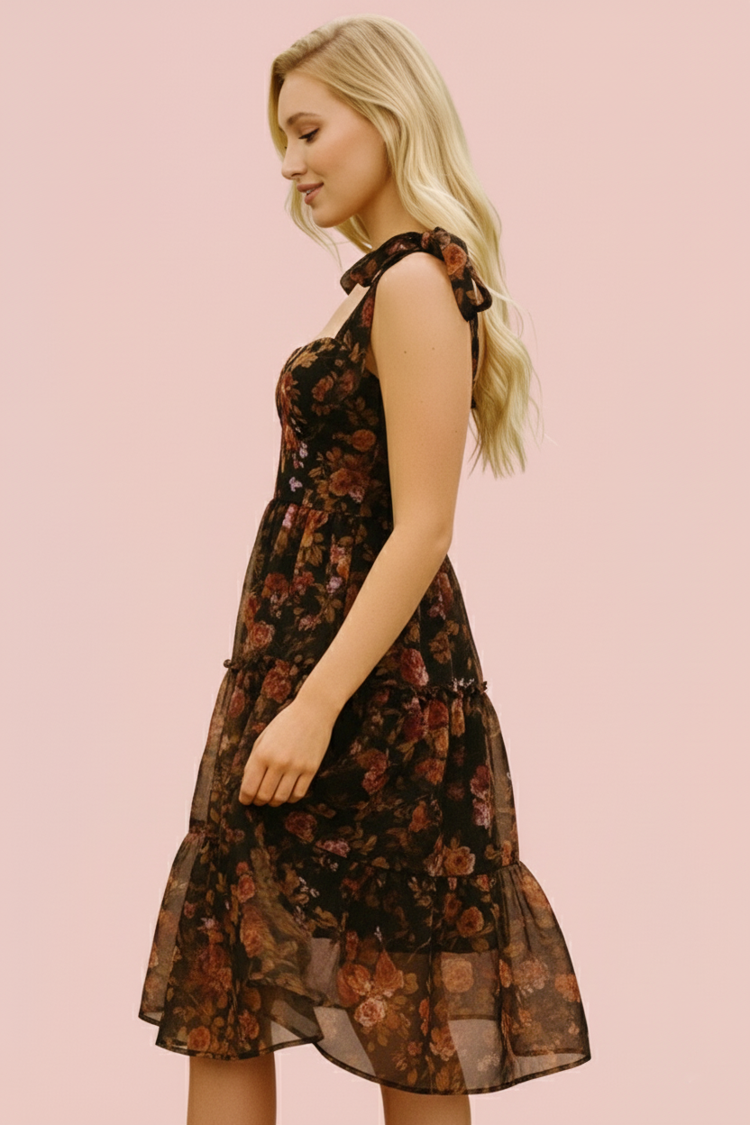 Floral Tiered Midi Dress with Tie Shoulder Straps