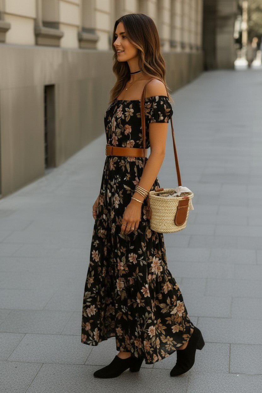 Floral Off-Shoulder Tiered Maxi Dress with Waist Tie