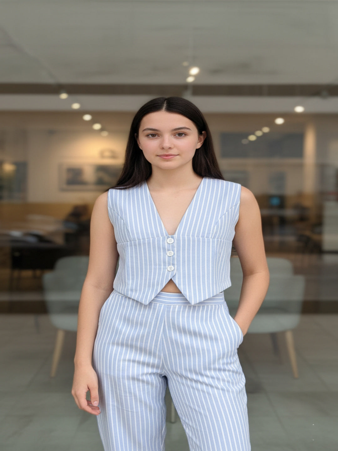 Sky Blue Striped V Neck Sleeveless Cord Set