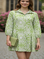 Mandala Print Flared Tunic with Three-Quarter Sleeves