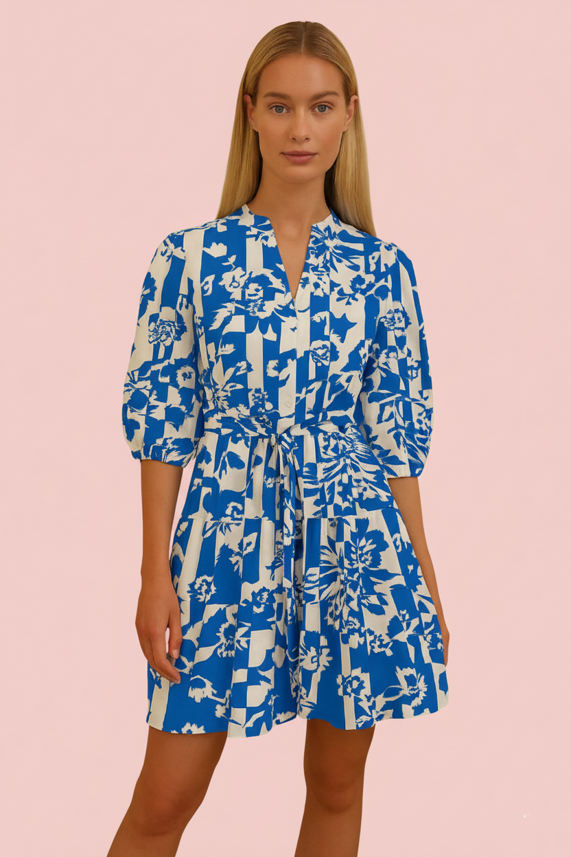 Floral Print V-Neck Belted Mini Dress
