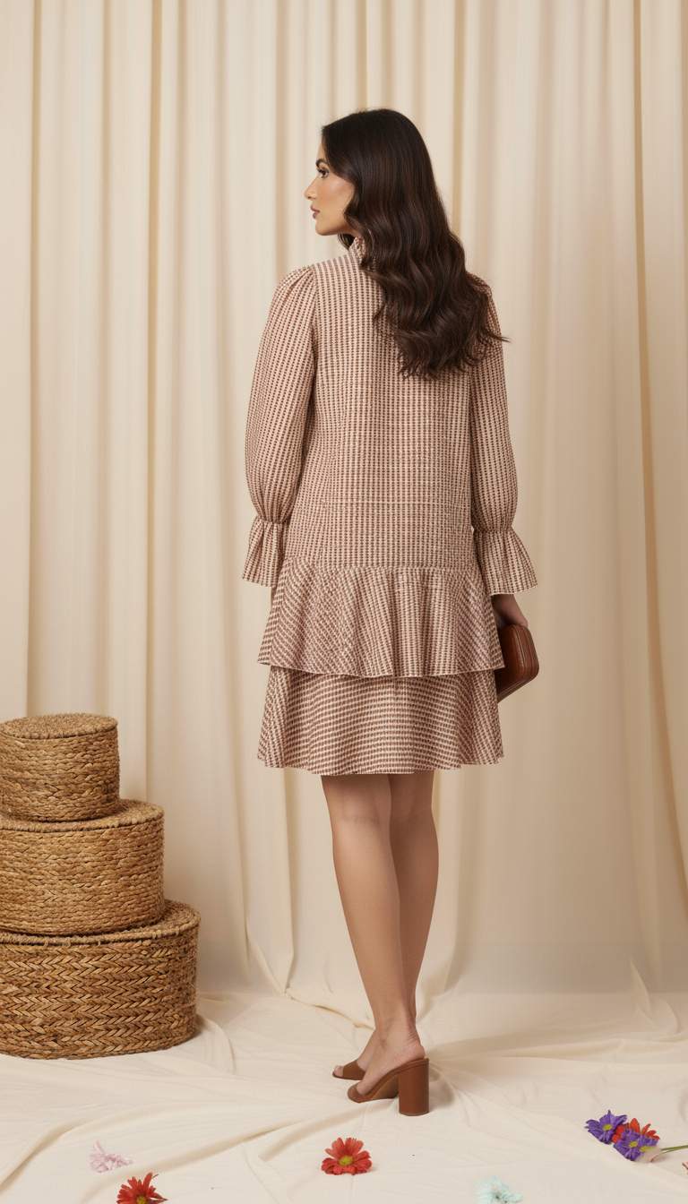 Houndstooth Ruffle-Hem Mini Dress