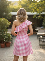 Gingham One-Shoulder Ruffle Mini Dress