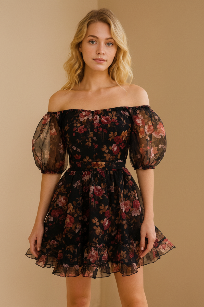 Autumn Bloom Off-Shoulder Floral Mini Dress