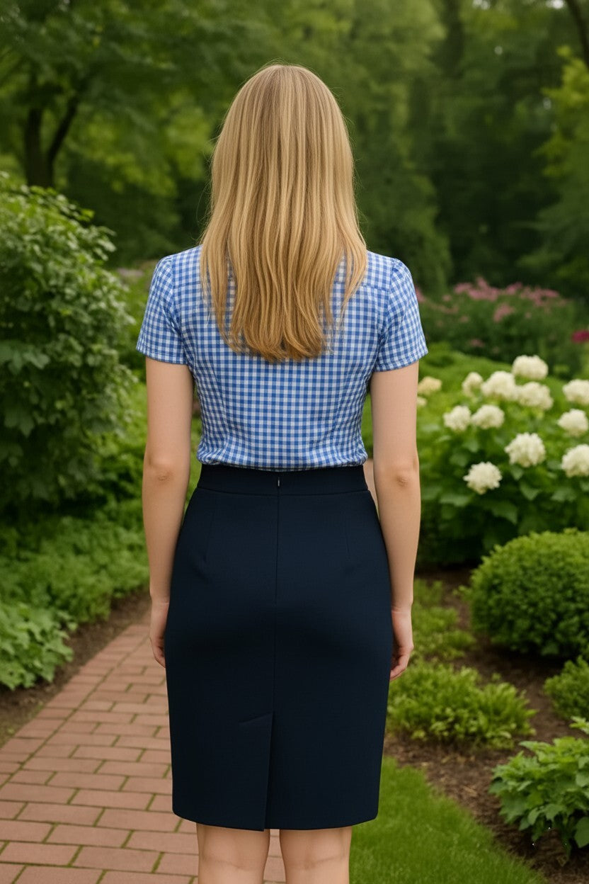 Blue & White Gingham Ruffle Button-Down Blouse paired with a Navy Pencil Skirt