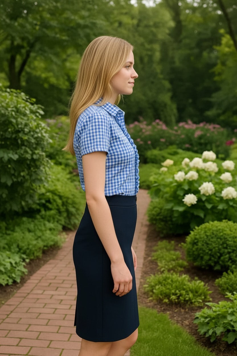 Blue & White Gingham Ruffle Button-Down Blouse paired with a Navy Pencil Skirt