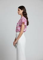 Floral Print Ruffle Sleeve Tie-Up Top